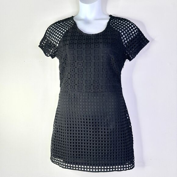 Karlie Dresses & Skirts - KARLIE Dress Women L Black Lace Eyelet Crochet Short Slv Sheer Boho Indie NWT